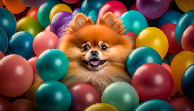 Puszysty pomeranian w kolorowym basenie z setkami balonów