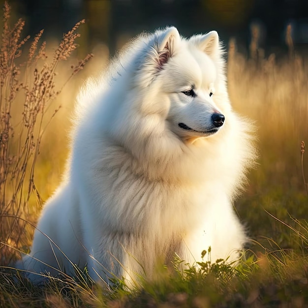 Puszysty samoyed siedzący na polu Generacyjna sztuczna inteligencja