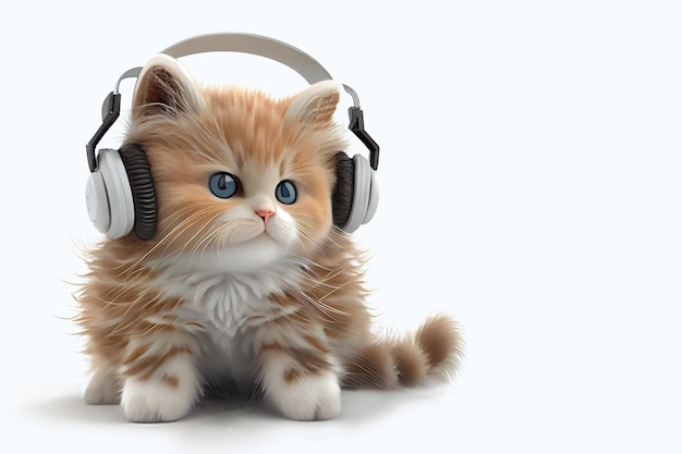 Puszysty śliczny mały kotek w słuchawkach na białym tle słuchający muzyki lub audiobooków