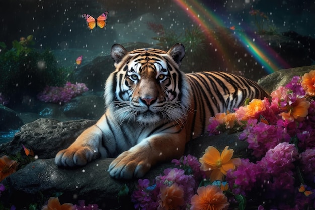 Puszysty tygrys odpoczywa pod tęczą kwiatów w otoczeniu piękna generatywnego IA