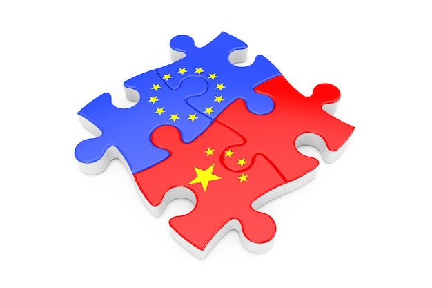 Puzzle współpracy Unii Europejskiej i Chin jako flagi na białym tle. Renderowanie 3D