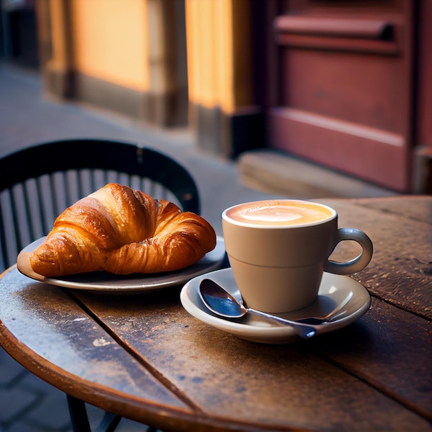 Pyszna biała filiżanka do kawy espresso i croissantgenerative ai