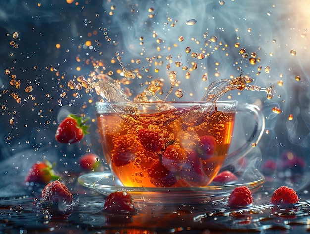 Pyszna fotografia herbaty wybuch smaków oświetlenie studia tło studia dobrze oświetlone żywe kolory ostre skupienie wysokiej jakości artystyczne unikalne nagrodzone zdjęcie