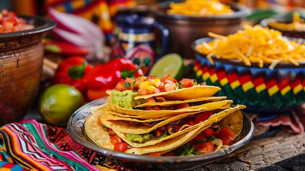 Pyszna i autentyczna meksykańska uczta taco Różnorodność tacos z różnymi wypełnieniami salsami i dodatkami serwowanymi na wiejskim stole