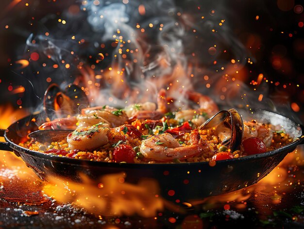 Zdjęcie pyszna paella fotografia wybuch smaków studio oświetlenie studio tło dobrze oświetlone żywe kolory ostre skupienie wysokiej jakości artystyczne unikalne