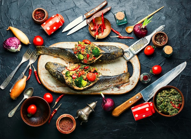 Pyszna pieczona ryba faszerowana brokułami, komosą ryżową i pomidorem