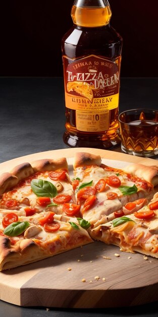 pyszna pizza mięsna w towarzystwie kieliszka whisky on the rocks