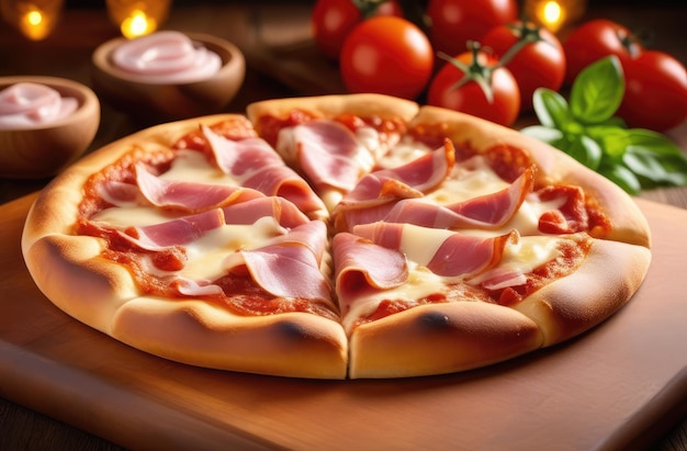 Pyszna pizza mięsna z soczystej szynki na drewnianej desce do cięcia Włoskie tradycyjne jedzenie