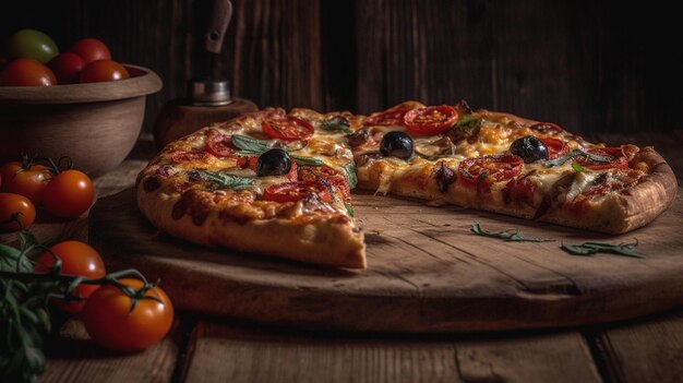 Pyszna pizza na drewnianej desce z czarnym tłem