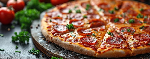 Pyszna pizza pepperoni na ciemnym tle, pizza z kiełbaską, włoska pizza Pepperoni w pizzerii