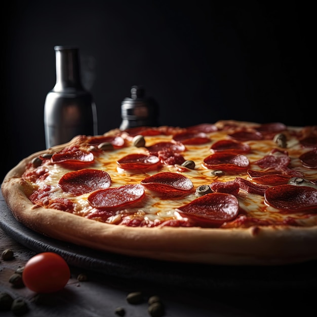 Pyszna pizza pepperoni prosto z pieca z różnymi przyprawami na ciemnym tle generowanym przez Ai