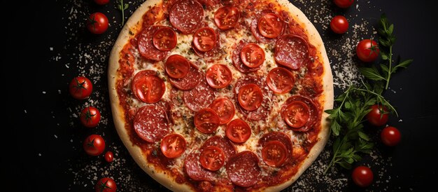 Pyszna, smaczna pizza pepperoni z pomidorami na drewnianym talerzu wygenerowanej przez sztuczną inteligencję