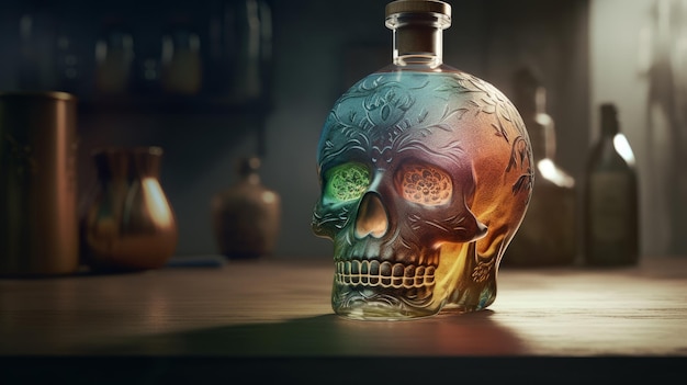 Pyszna tequila w kolorowej butelce typu czaszki stojącej na generatywnej sztucznej inteligencji calavera