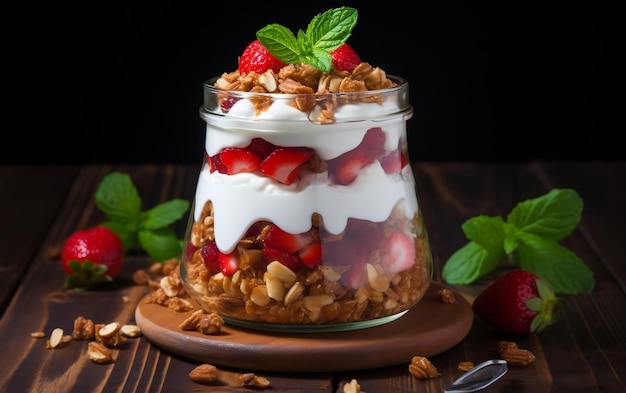 Pyszna truskawkowa granola Parfait z pokrojonymi orzechami Generative AI