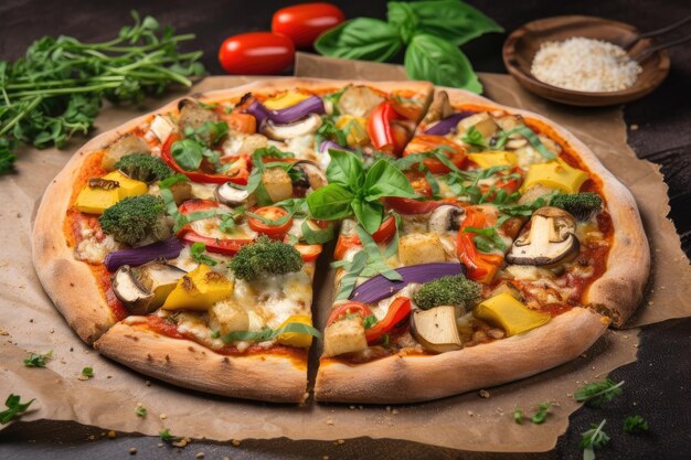 Pyszna wegańska pizza ze świeżymi warzywami, ziołami i sosem na cieście stworzona za pomocą generative ai