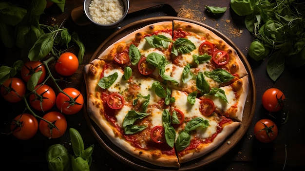 Pyszna włoska pizza Margherita siedząca na drewnianej desce na ciemnym tle z teksturą