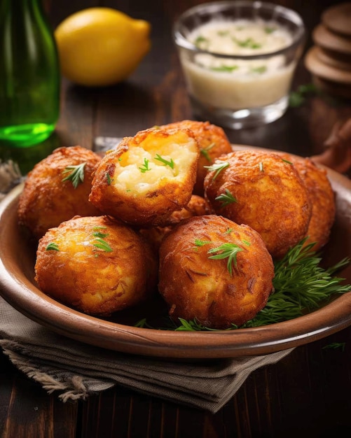 Zdjęcie pyszne bolinho de bacalhau brazylijskie danie z ciemnym tłem studyjnym