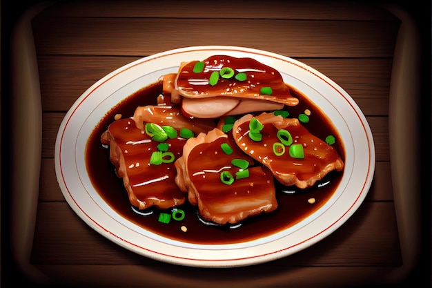 Pyszne chińskie plastry wieprzowiny TwiceCooked Jedzenie na talerzu na stole