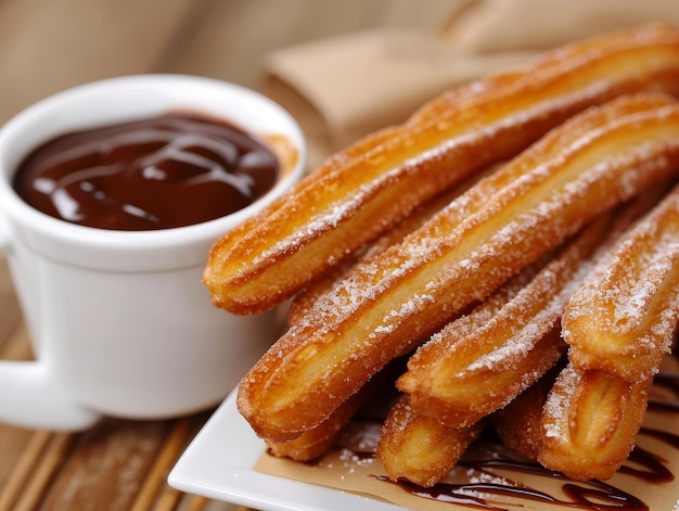 Zdjęcie pyszne churros z czekoladowym sosem na drewnianym stole