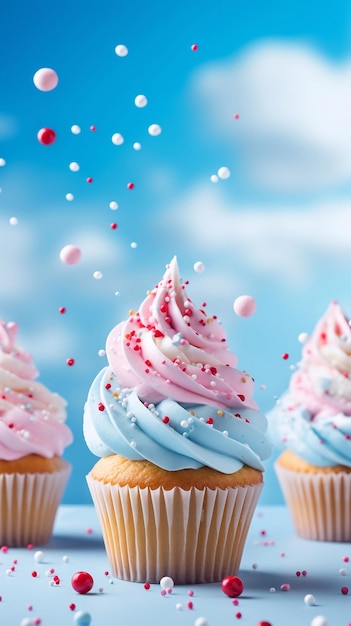 Pyszne ciasteczka na urodziny Różne ciastka z różową, białą i niebieską śmietaną latają nad nami