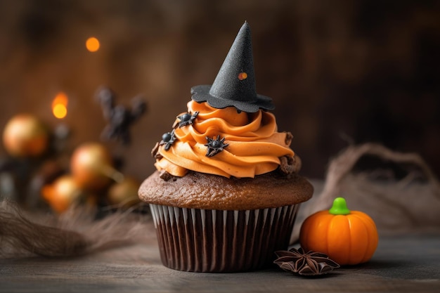 Pyszne ciastko Halloween z jasnymi dekoracjami Halloweenowe słodycze domowe wyroby cukiernicze świąteczne jedzenie Cukierek albo psikus koncepcja Ai generatywne