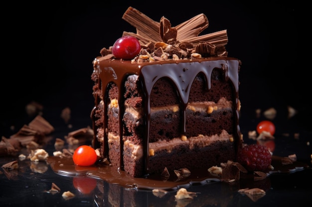 Pyszne ciasto czekoladowe ozdobione świeżymi jagodami na ciemnym tle Ilustracja generatywna AI