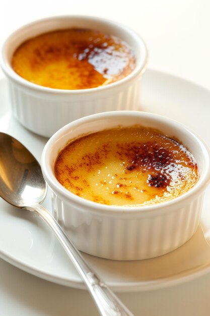 Pyszne creme brulee na ceramicznym talerzu na białym tle