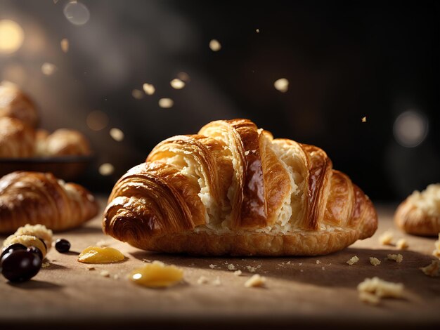 Pyszne croissanty francuskie unoszące się w powietrzu kinematograficzne jedzenie profesjonalna fotografia