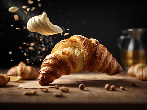 Pyszne croissanty francuskie unoszące się w powietrzu kinematograficzne jedzenie profesjonalna fotografia