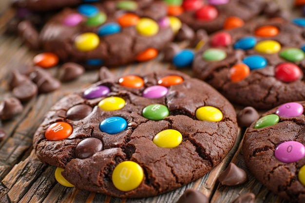 Pyszne czekoladowe ciasteczka z kolorowymi cukierkami
