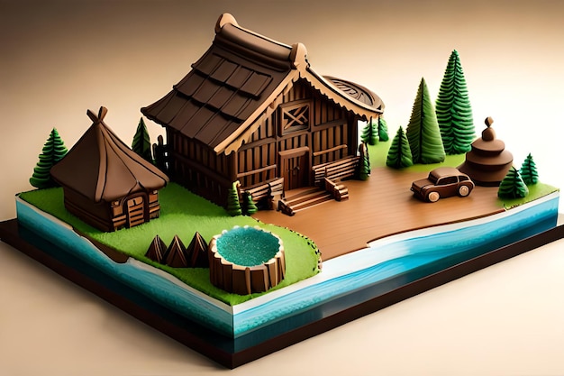 Zdjęcie pyszne czekoladowe drzewa artystyczne i chata wykonana z czekolady