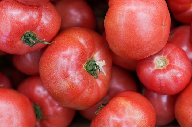 Pyszne czerwone pomidory. Letni rynek tac gospodarstwo rolne pełne organicznych warzyw