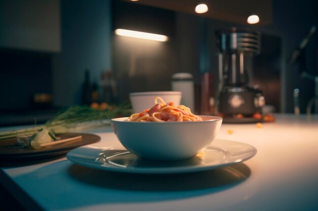 Pyszne danie z krewetek z makaronem fettuccine na kuchennym stole, wygenerowane przez sztuczną inteligencję