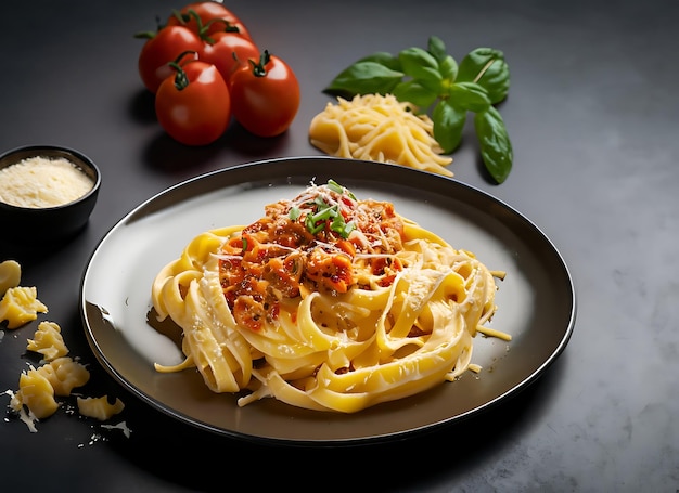 Pyszne danie z makaronem z sosem na ciemnym tle Doskonałe do jedzenia i tematów kuchni włoskiej