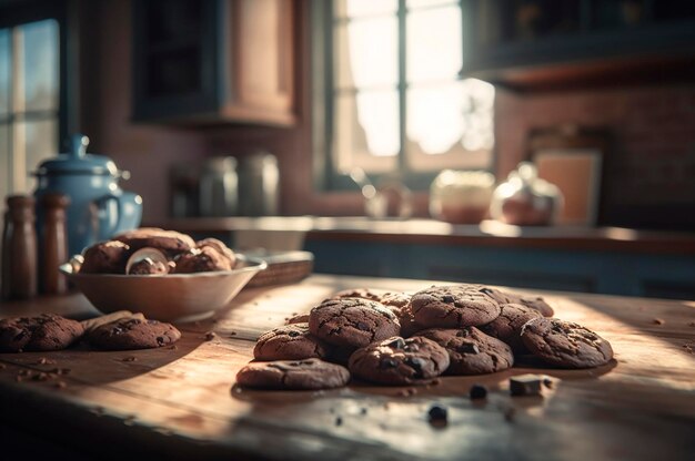 Pyszne domowe ciasteczka czekoladowe na rustykalnym drewnianym stole wygenerowane przez sztuczną inteligencję