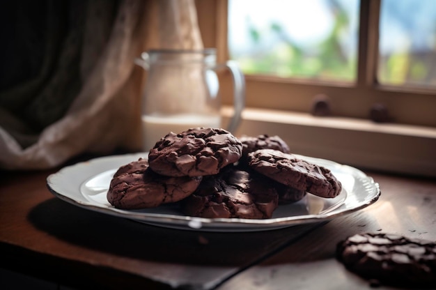 Pyszne domowe ciasteczka czekoladowe na rustykalnym drewnianym stole wygenerowane przez sztuczną inteligencję
