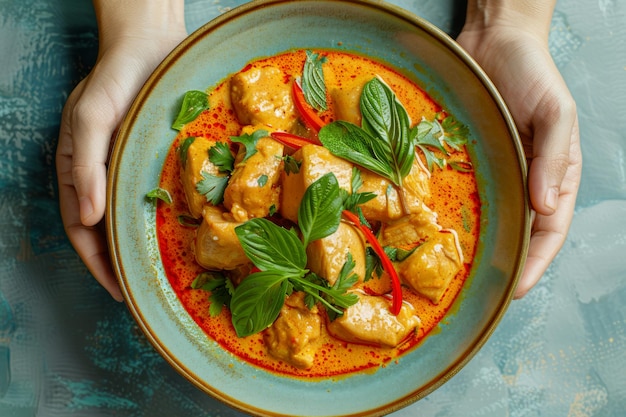 Pyszne, domowe, kremowate curry z kurczaka podawane w dekoracyjnej misce z świeżymi ziołami i przyprawami
