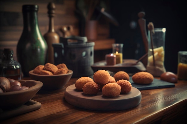 Pyszne domowe krokiety na drewnianym stole w rustykalnym tle kuchni AI generowane