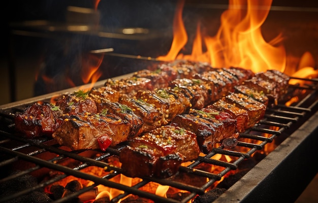 Pyszne grillowane szaszłyki mięsne z płomieniami i iskierkami na stojaku do grillowania