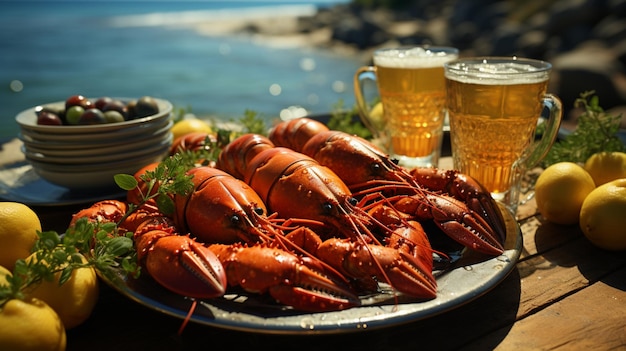 Pyszne homary z owocami morza i cytryna w restauracji na plaży