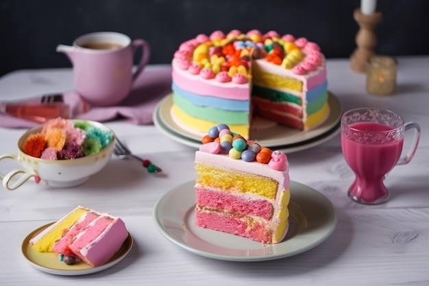 Pyszne i piękne ciasto w kolorach tęczy podawane z herbatą lub kawą Generative AI