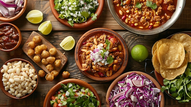 Pyszne i zdrowe meksykańskie jedzenie z różnorodnymi fasolami, warzywami i tortillami