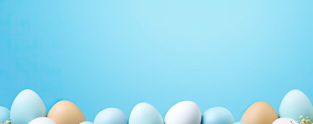Pyszne jajka wielkanocne w pastelowych odcieniach na niebieskim tle