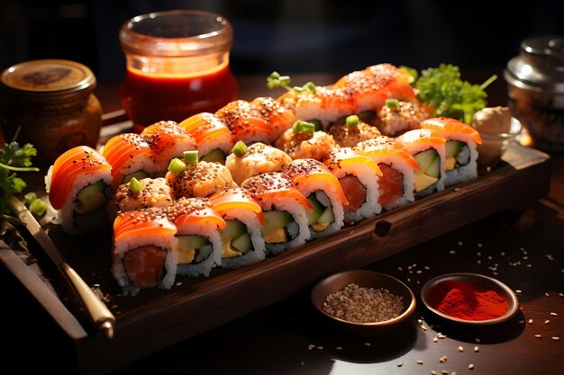 Zdjęcie pyszne japońskie sushi z kawałkami tuńczyka z łososia i krewetkami przyozdobionymi świeżymi dodatkami na ciemnym tle z miejscem na kopię