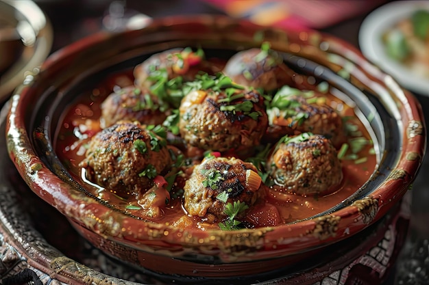 Pyszne Kefta Tagine gotowane w bogatym sosie pomidorowym Jagnięce mięsne kulki Tradycyjne marokańskie przysmak