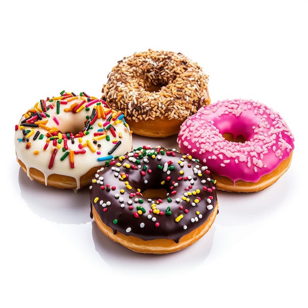 Pyszne kolorowe pączki na białym tle