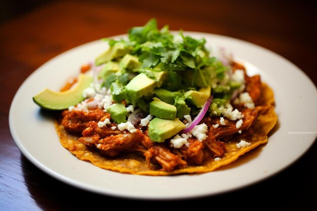 Zdjęcie pyszne kurczaki tinga tostadas z awokado