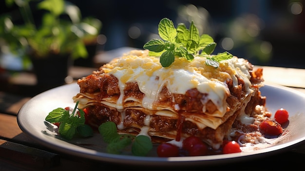 Pyszne lasagne z sosem bolognańskim na drewnianym stole