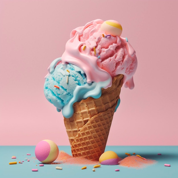 Pyszne lody ze słodką różową i niebieską polewą na pastelowym tle Generative AI