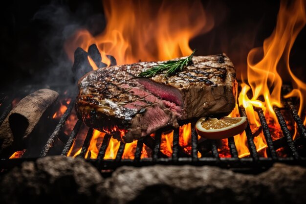 Pyszne mięso z grilla na gorącym ogniu w grillu na podwórku